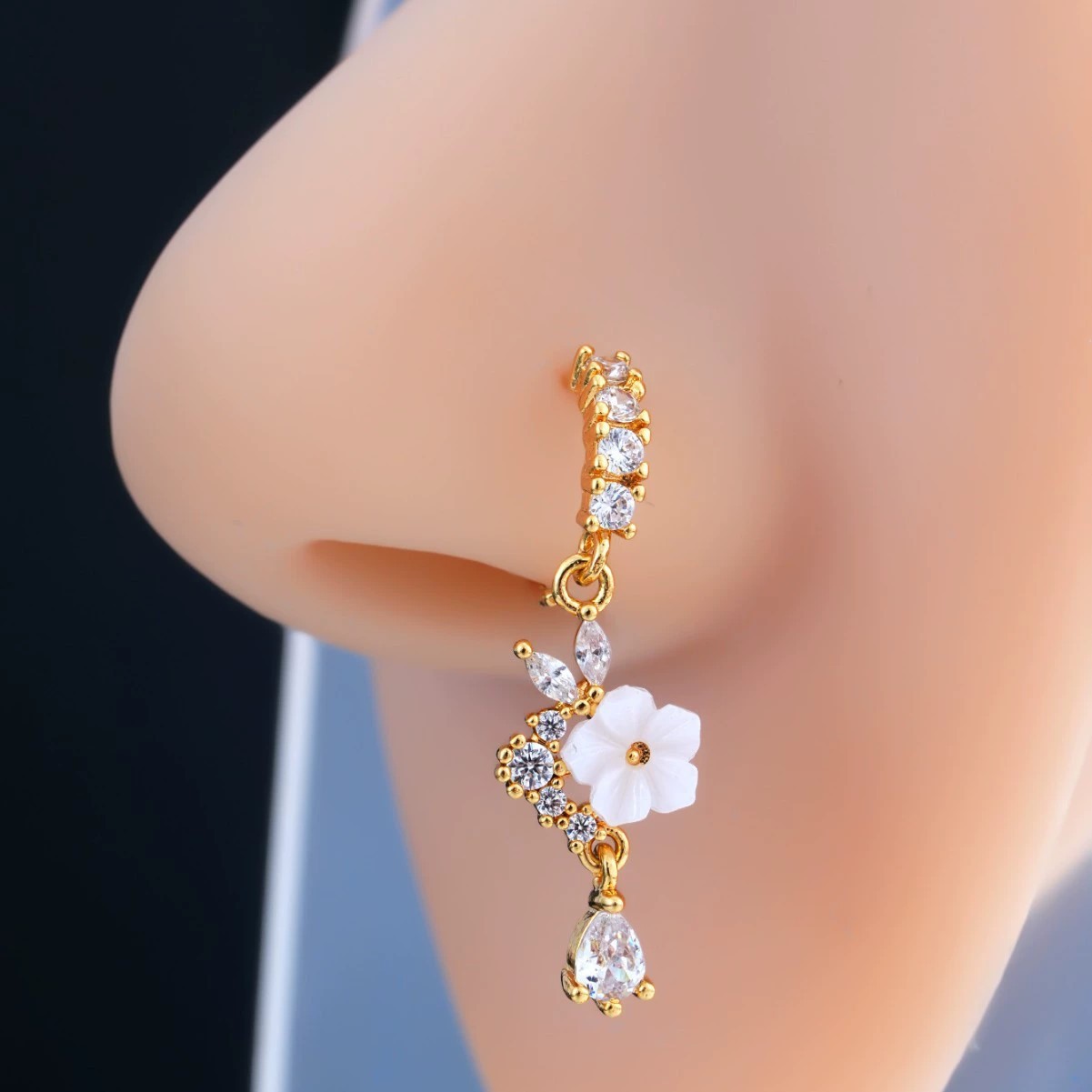 Body Jewelry Nose - Gold Flower Nose Ring with Dangle