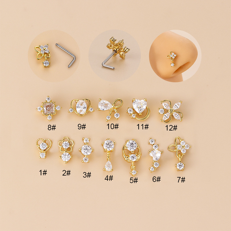 Body Jewelry Nose - 20G L-Shaped Cubic Zircon Nose Stud,