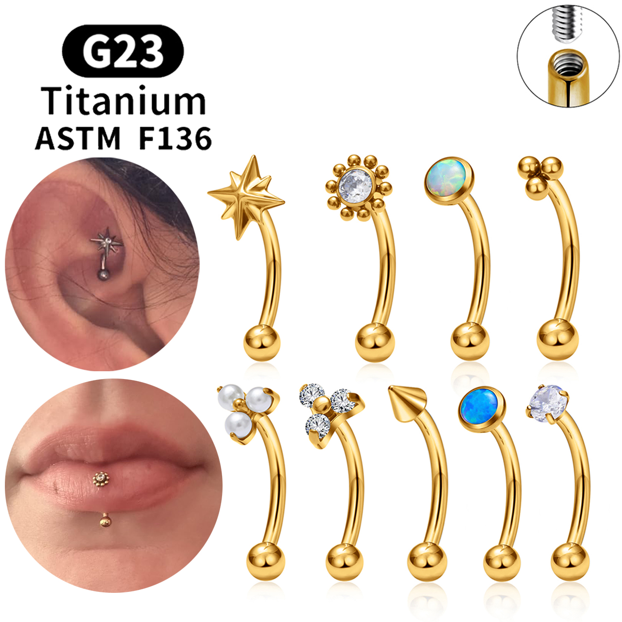 Rook Curved Barbell - ASTM F136 Titanium Hexagram Rook Earring